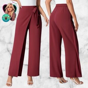 Halara Flex High Waisted Tie Side Wide Leg Work Pants Plum Blossom Red Womens LP